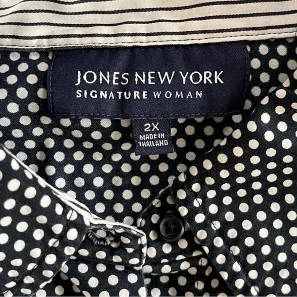 JONES NEW YORK‎ Black White Polka Dot Button Down Top Cotton Preppy Size 2X